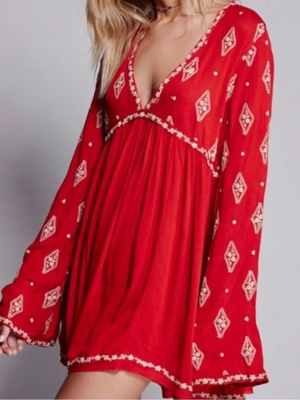 Free People Diamond Embroidered Tunic dress Bohemian Red White Small